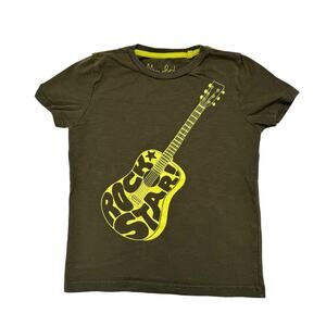 MINI BODEN Rock Star Guitar Olive Green Yellow Tee Size 7-8 Kids Cotton Burnout